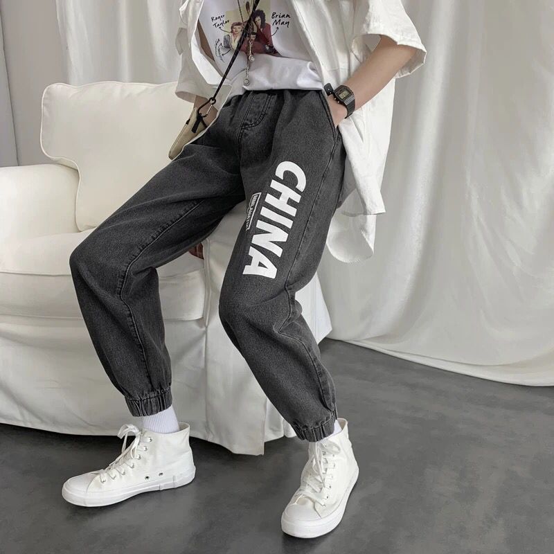 Fashion men's drawstring jeans summer brand thin trousers cut trend Hong Kong style wild harem pants male Korean version loose