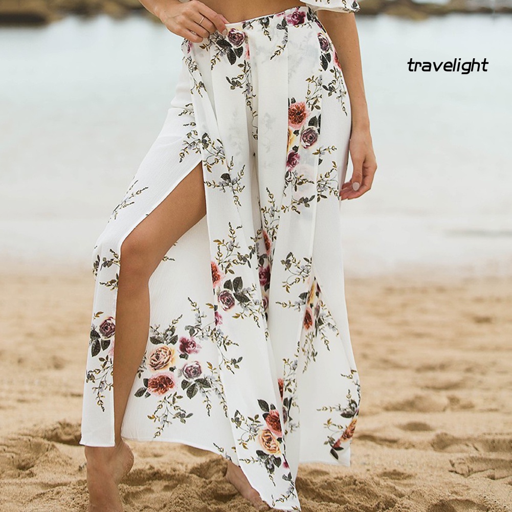 Quần Culottes Palazzo Lưng Cao Ống Rộng Xẻ Tà In Họa Tiết Hoa Phong Cách Boho Thời Trang Đi Biển