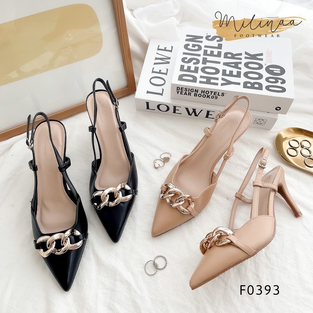 [Mã SKAMFSW175 giảm 10K đơn 50K] GIÀY CAO GÓT NỮ SLINGBACK GÓT NHỌN 7P BÍT MŨI PHỐI XÍCH TO F0393