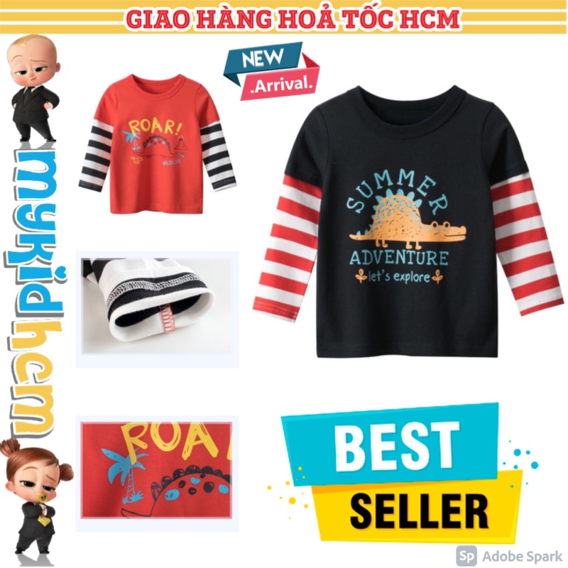 Áo thun dài tay bé trai tay ghép in hình khủng long độc lạ, đáng yêu chất cotton mềm mịn, an toàn cho bé