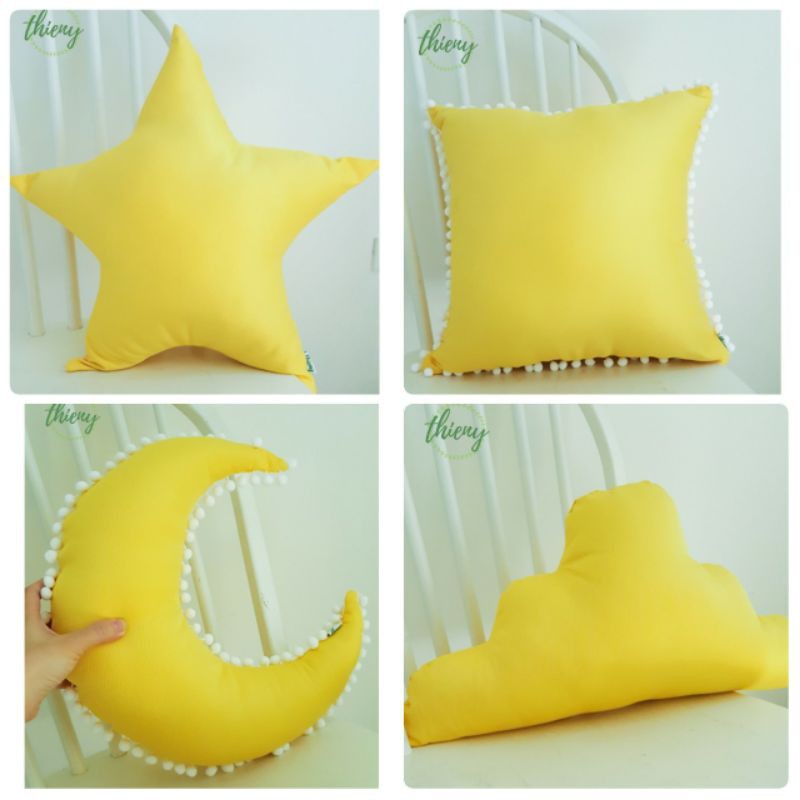 Gối màu vàng chanh đã nhồi bông hình Trăng, Sao, Mây, Vuông kích thước 40x40cm ôm trang trí tựa lưng pompom
