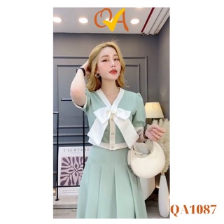 Set Váy nữ tiểu thư áo ngắn tay phồng có nơ phối chân váy thời trang nữ dạo phố, công sở, dự tiệc Quocanh