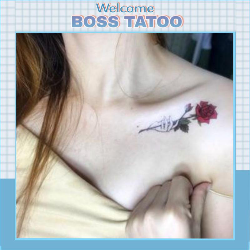 Hình xăm hoa hồng đỏ, hoa hồng xanh blue rose, t144. Xăm dán tatoo mini tạm thời, size &lt;10x6cm