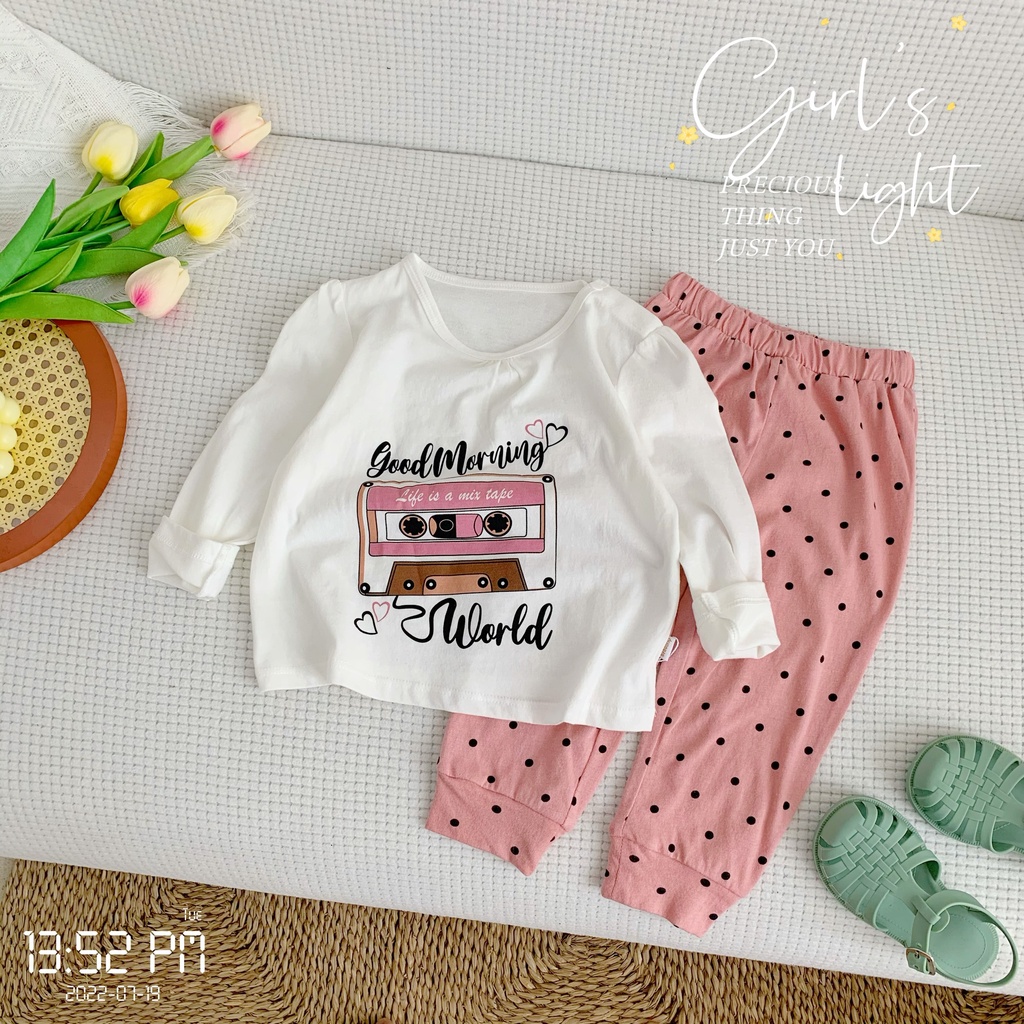 Bộ bé gái thu đông dài tay hoạ tiết xinh xắn cho bé, bộ cotton tay dài mềm, thoải mái bé gái