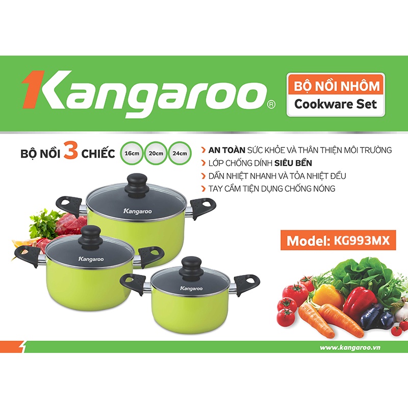 Bộ nồi nhôm (3 chiếc: 16-20-24cm, không đáy từ) Kangaroo KG993MX