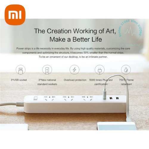 [CHÍNH HÃNG] Ổ cắm điện Xiaomi Mi Power Strip - Ổ điện Xiaomi 3 cổng USB sạc nhanh 2A