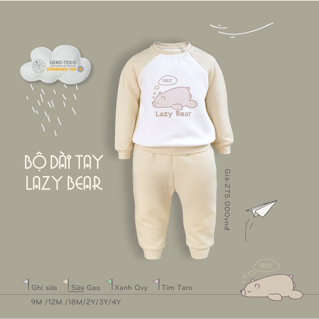 Bộ Thu Đông Lazy Bear Hrnee, Bộ Dài Tay Bé Trai Bé Gái Họa Tiết