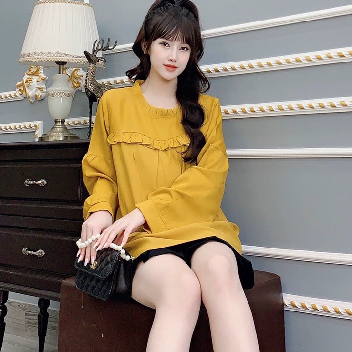 Áo bầu công sở dài tay cổ sơ mi phong cách hàn quốc vải sợi tre siêu thoáng