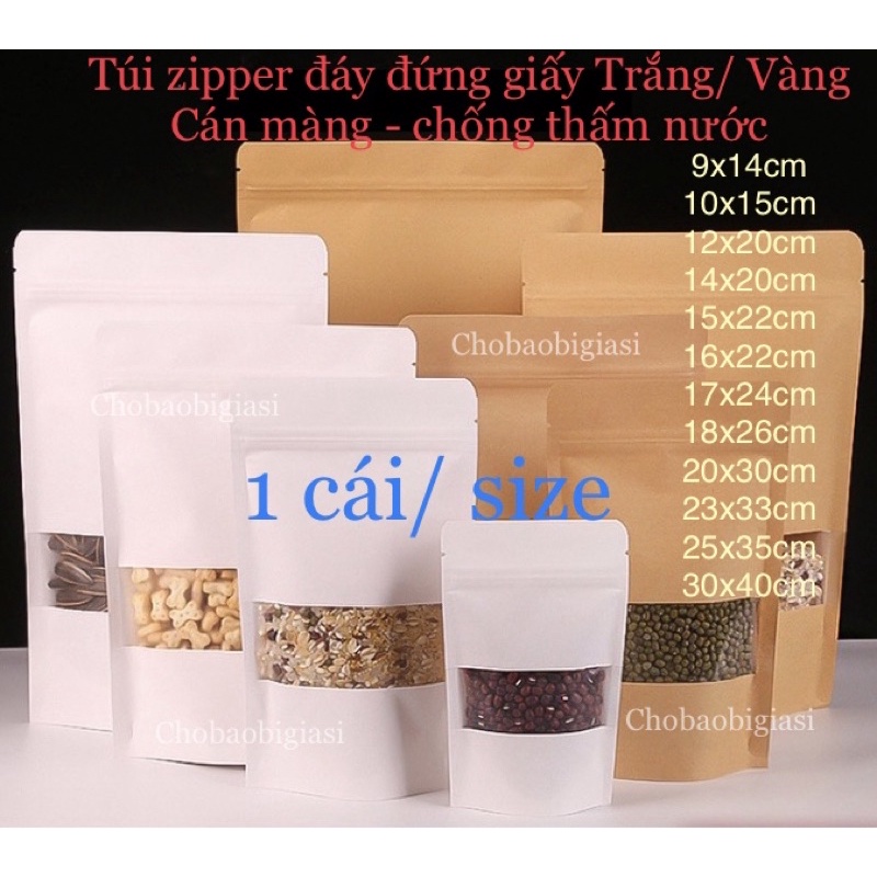 {Thử mẫu 1 cái/ size} Túi zipper giấy Kraft màu VÀNG /TRẮNG đáy đứng cửa sổ tràn CÁN MÀNG - CHỐNG THẤM NƯỚC (sp y hình)