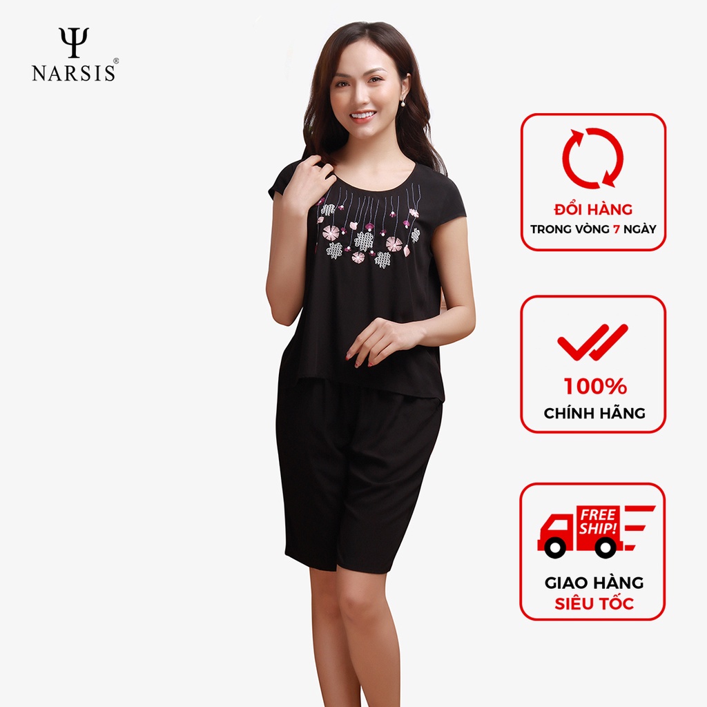 Bộ đồ hè nữ Narsis M8082 lanh màu đen họa tiết thêu hoa