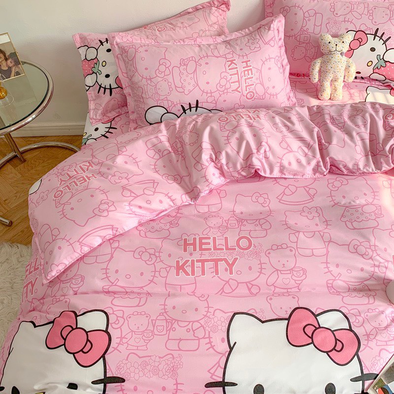 Bộ chăn ga gối Cotton poly M2T bedding, vỏ chăn mền, drap ga giường và 2 vỏ gối nằm - PL Mèo kitty