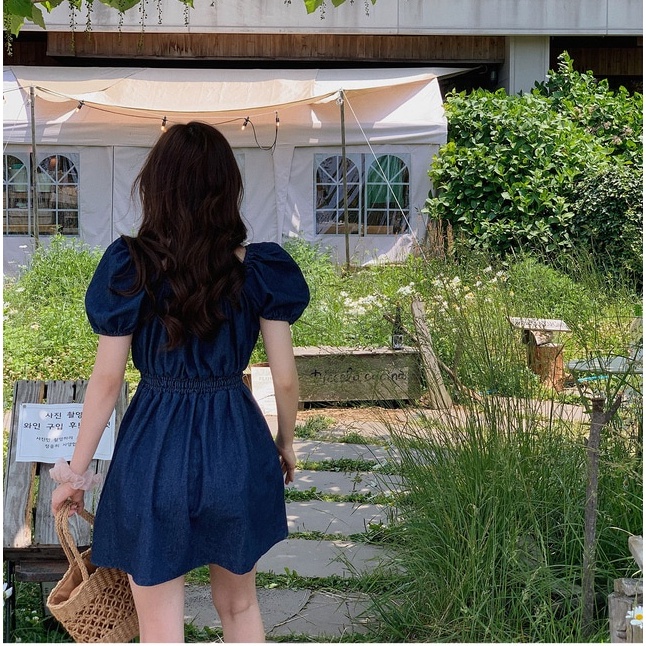 Đầm Denim Cổ Vuông Lưng Thun Dễ Thương Phong Cách Hàn Quốc 52802