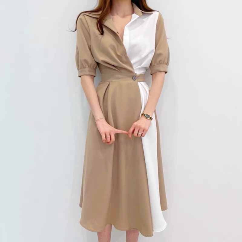 Đầm váy sơ mi phối trắng form dài 2 màu xuongvnxk
