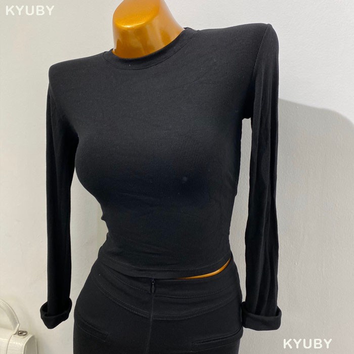 Áo croptop dài tay cổ tròn Áo thun nữ tay dài dáng croptop
