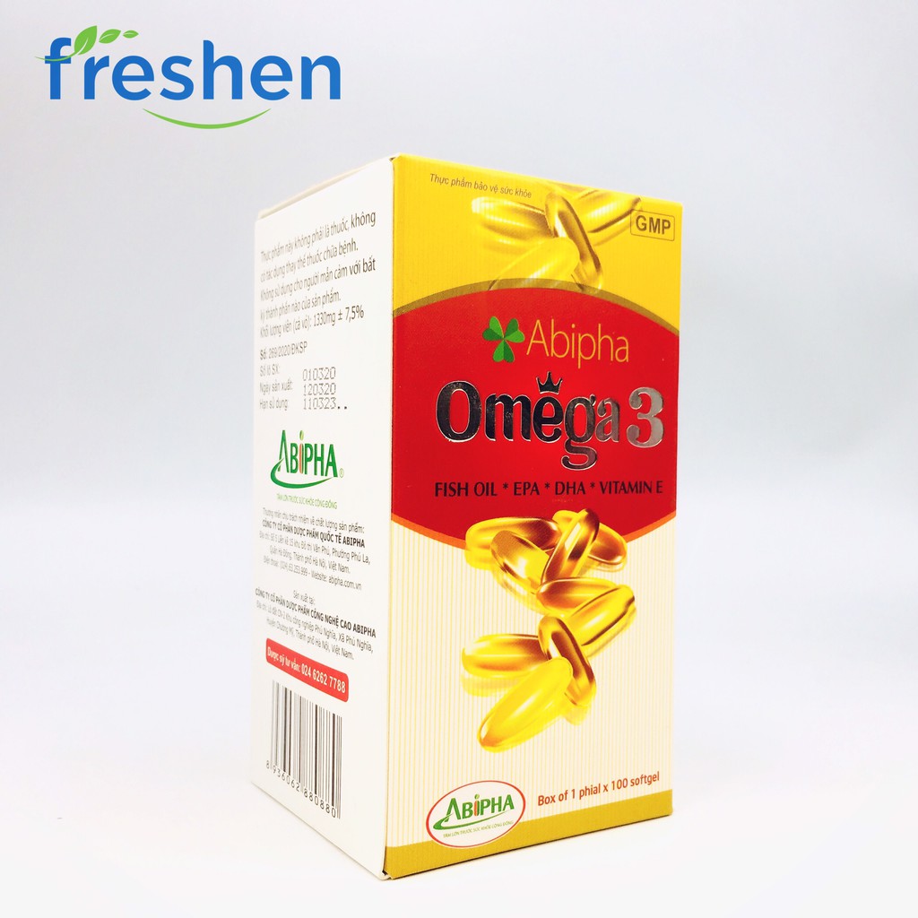 Omega 3 Abipha chứa tinh chất dầu cá, dầu gấc, bổ sung vitamin làm đẹp da, chống lão hóa, gi nhức mắt,mỏi mắt 100 viên