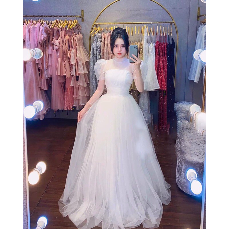 Đầm xoè maxi tay phồng bo eo