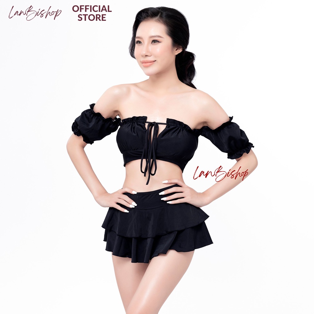 Đồ Bơi Nữ Bikini Đi Biển 2 Mảnh Nữ Áo Tay Phồng Hiền Hồ Phối Váy 2 Tầng Đẹp Rẻ Hm-070