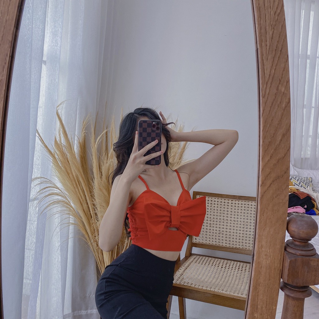 Áo croptop nữ hai dây HHVINTAGE kiểu nơ kate mềm Top A11