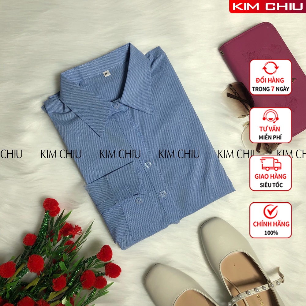 Áo Sơ Mi Nữ Công Sở KIM CHIU Kẻ Caro Nhí, Màu Xanh Tay Dài Vải Kate Mỹ Đẹp, Ít Nhăn, Giãn Nhẹ. SMTD05