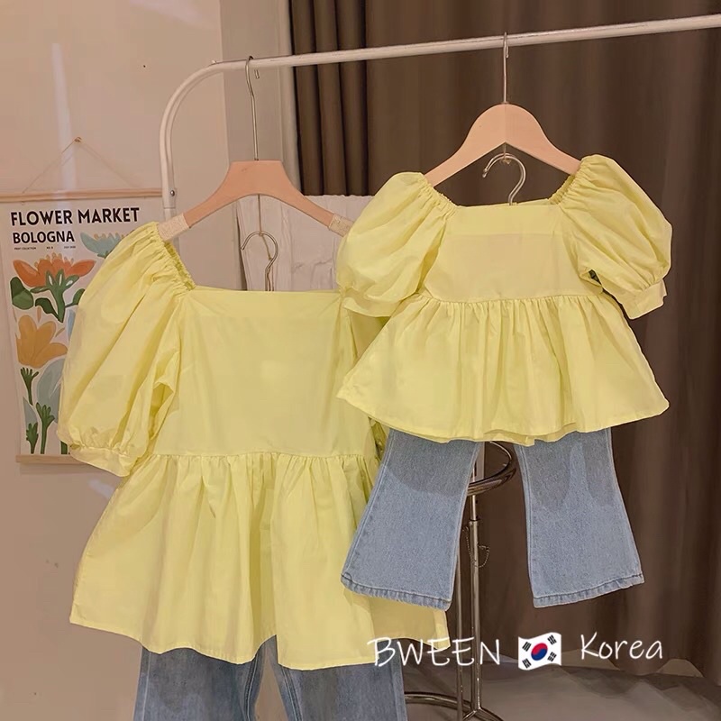 set áo đôi mẹ và bé tay bồng sang chảnh màu vàng cực tây