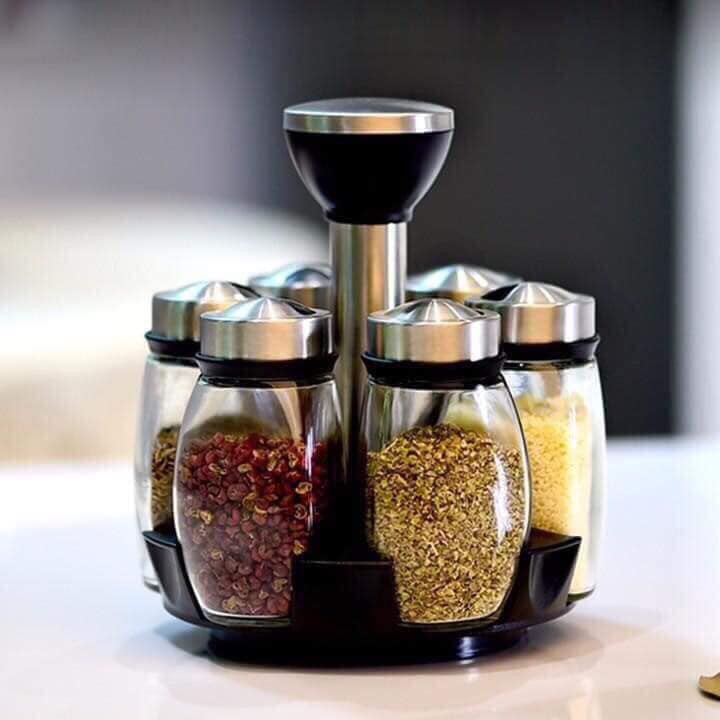 Kệ Đựng Gia Vị Xoay 360 Độ Kèm 6 Hũ Thủy Tinh Cao Cấp