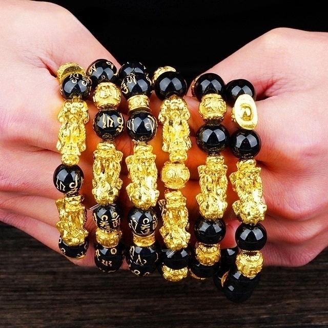 Vòng Tay Hạt Đá Obsidian Phong Thủy / Vòng Tay Pixiu Giàu Có Và May Mắn Màu Vàng Đen Đàn Hồi May Mắn / Vòng Tay Phật Giáo Cho Nam