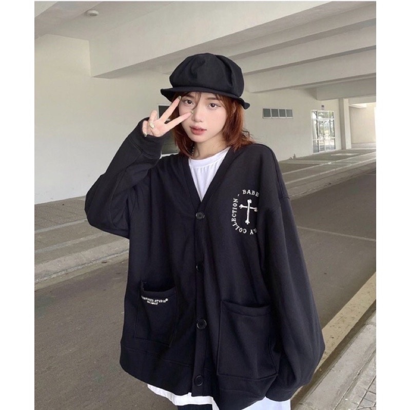 Áo cardigan nữ Chữ Thập Tay Xương form rộng [FREESHIP] Áo khoác nữ chất vải dày dặn họa tiết caro đen trắng mùa đông