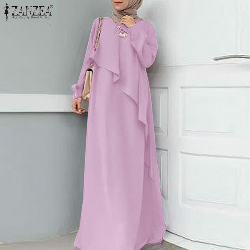 Đầm maxi ZANZEA tay dài cổ tròn phối nút phong cách hồi giáo cho nữ