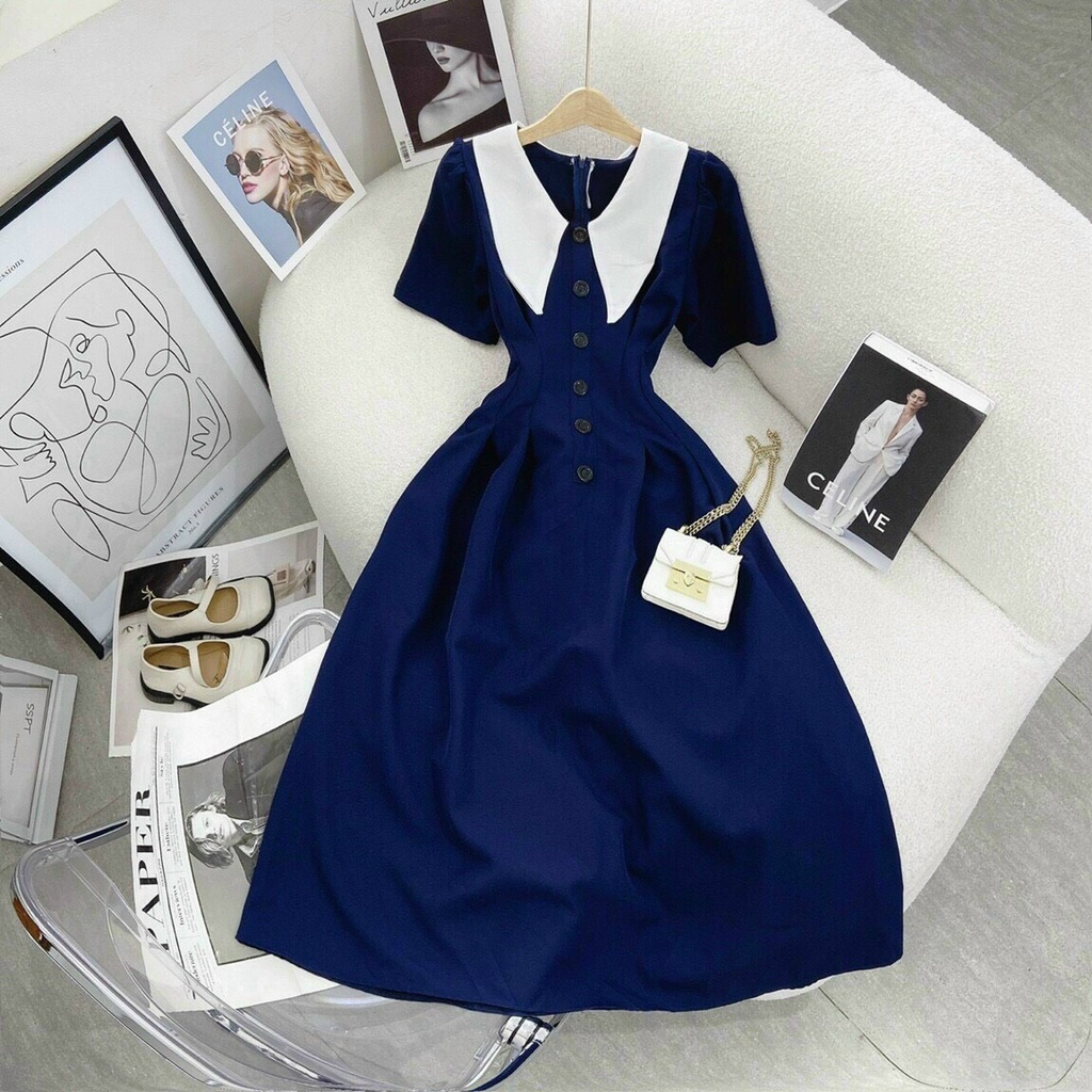 Đầm váy nữ lụa ôm eo cài nút giả phối cổ nhọn bèo xinh dáng thân tôn dáng trẻ trung sang trọng thanh lịch siêu xinh