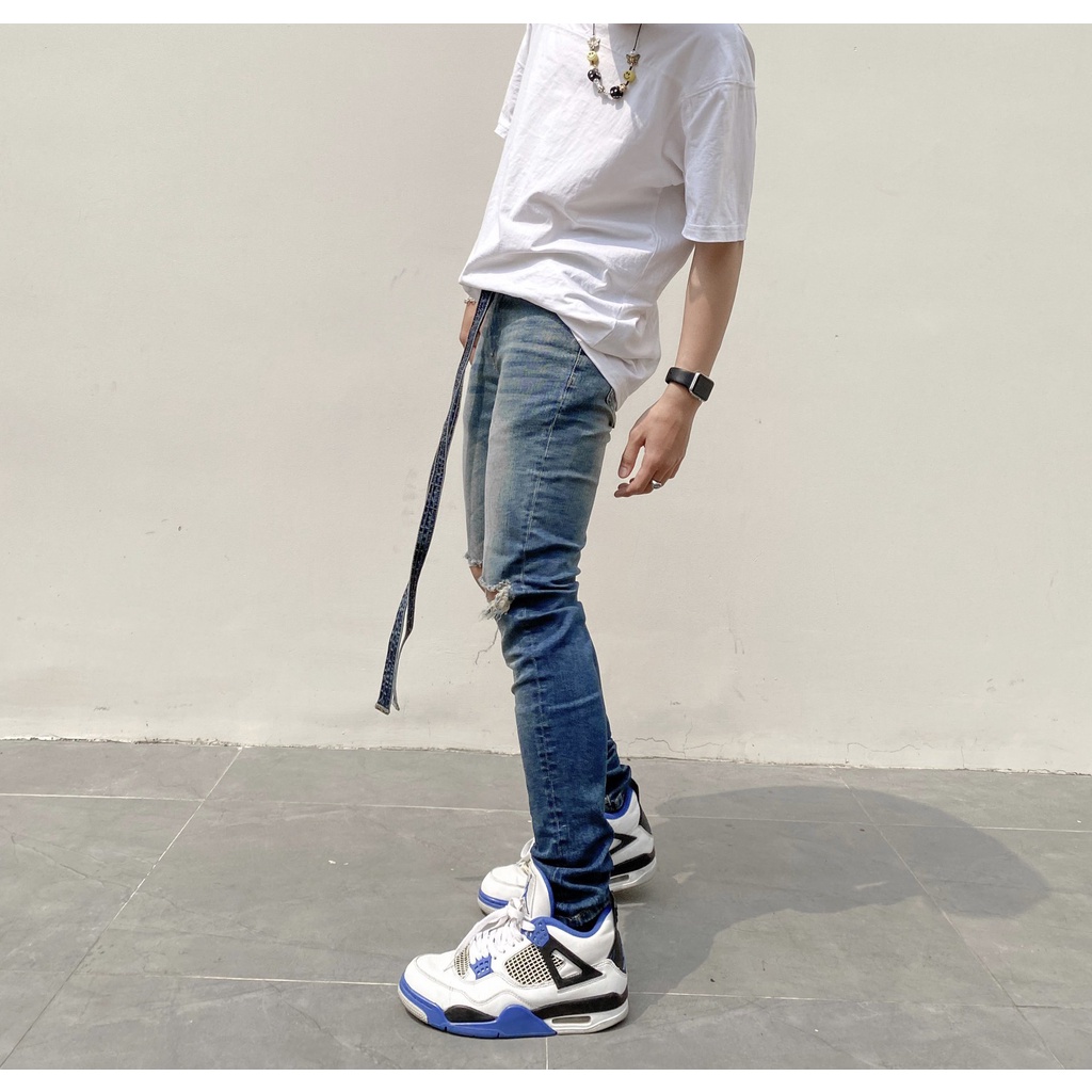 Quần Jean nam, quần bò nam rách gối dây vải rời, màu xanh wash, chất bò co giãn thoải mái