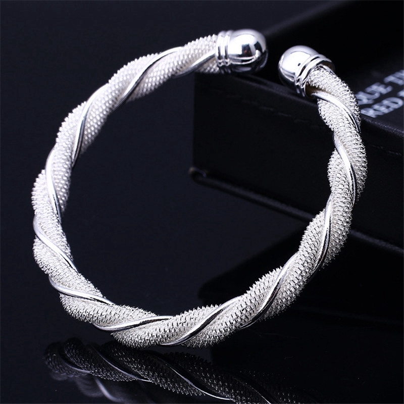 S925 Đồng Trắng Mạ Bạc Vòng Tay Xoắn Dệt Thiết Kế Lưới Sẽ Không Bao Giờ Phai Màu