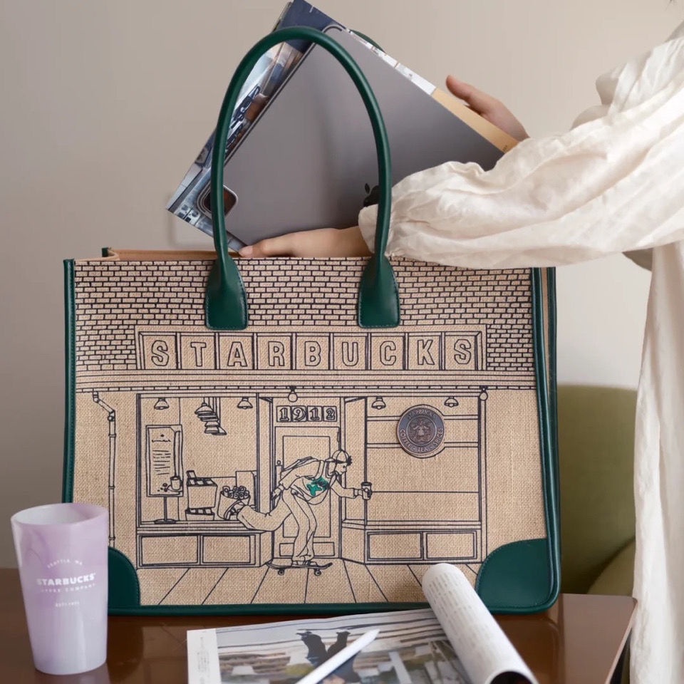 Túi xách canvas đeo 1 bên vai họa tiết Starbucks bộ sưu tập giới hạn năm 2021 kỷ niệm lần thứ 50 vintage sức chứa lớn
