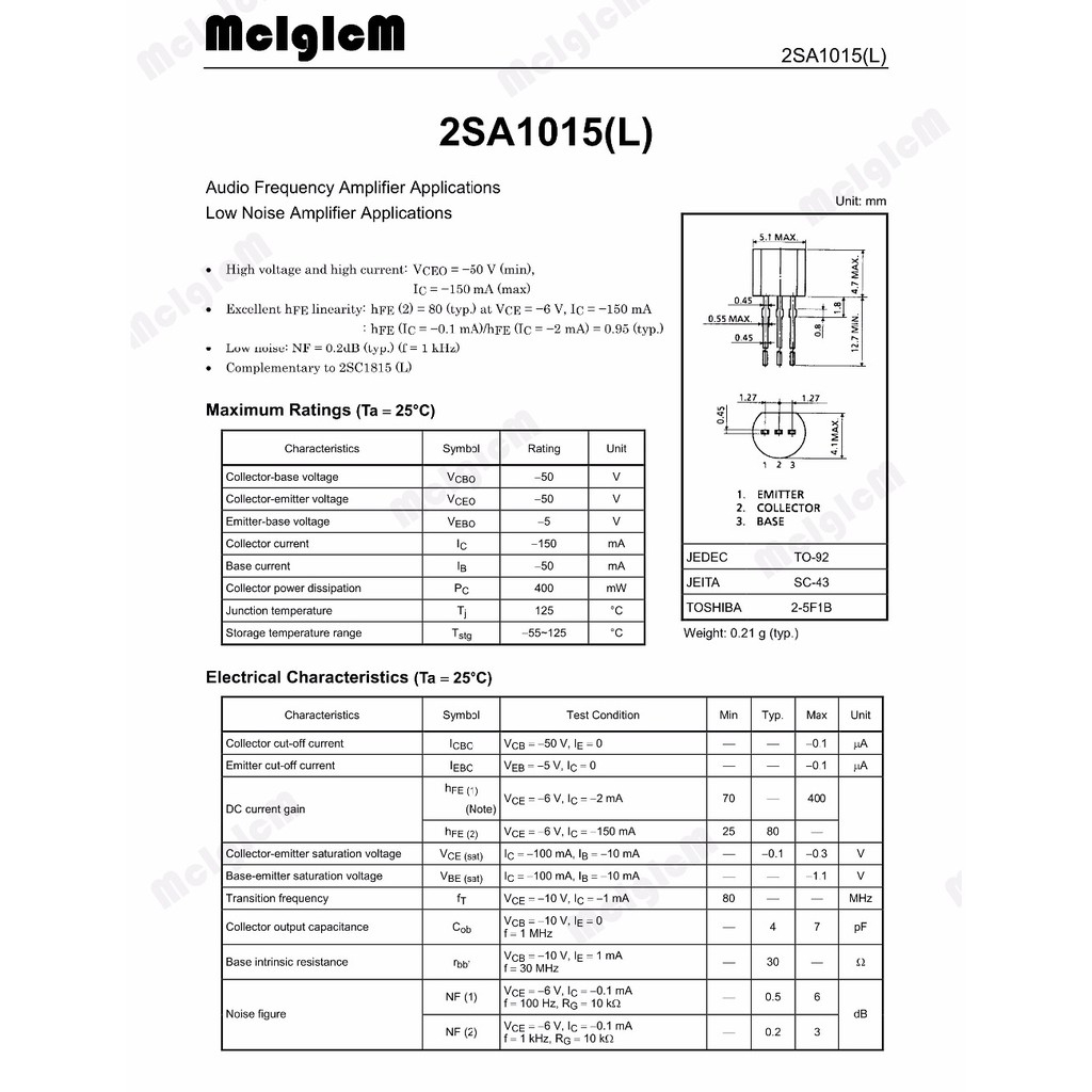 Set 100 linh kiện bán dẫn 3 cực TO-92 0.15A 50V PNP A1015 2SA1015