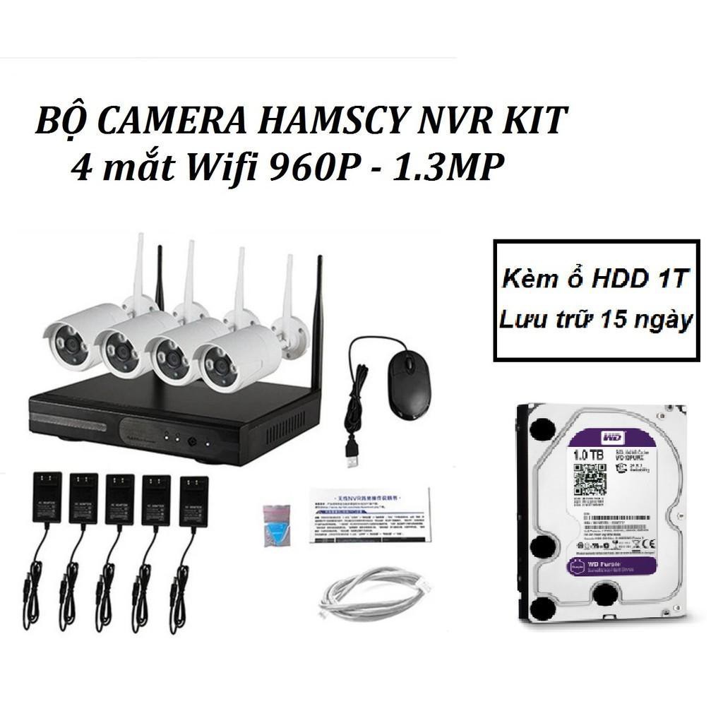 Bộ 4 camera wifi chống nước 1.3m - 960p kèm đầu ghi hình NVR và ổ cứng 1TB