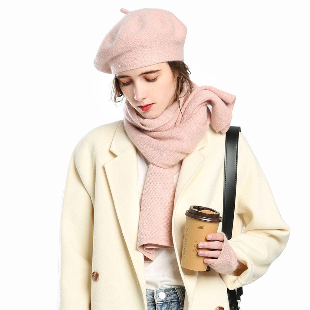 SUSANS Set 3 Món Găng Tay + Khăn Choàng + Mũ Len Cashmere Ấm Áp Cho Nữ