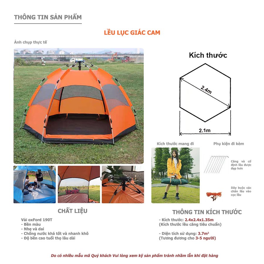 Lều lục giác tự bung dã ngoại cắm trại, Lều camping tự động 2 cửa chính 2 cửa sổ thông thoáng tiện dụng 4-6 người