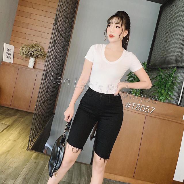 Quần jean lửng gối ngố màu đen trơn tua lai có size đại