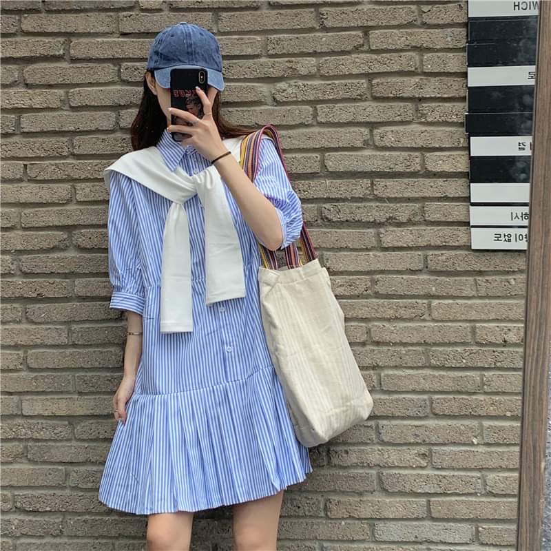 Set váy sơ mi kẻ sọc + áo choàng ngoài