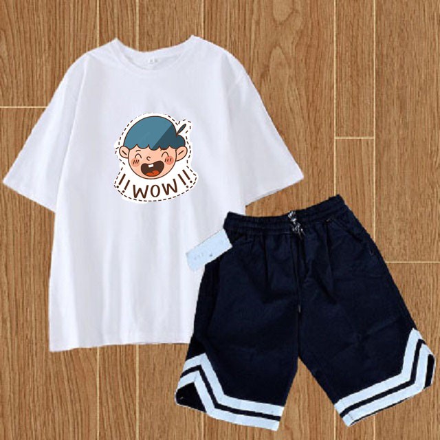Set Áo Phông Sweater Trắng Ngắn Tay WOW Mix Quần Đùi Chữ V Viền Trắng Trẻ Trung , Năng Động , Sáng Tạo Mặc Mùa Hè