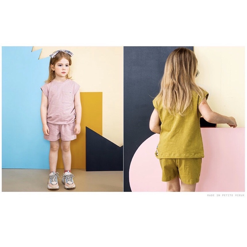 Bộ cotton xước có túi Petite Mieux xuất Hàn dư xịn cho bé trai/bé gái