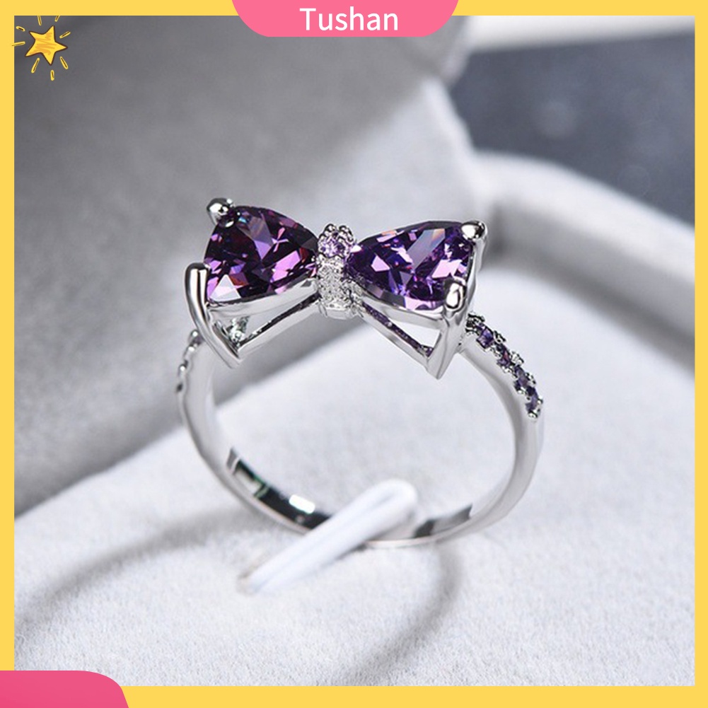 Nhẫn đính hôn hình nơ khảm thạch anh tím thời trang