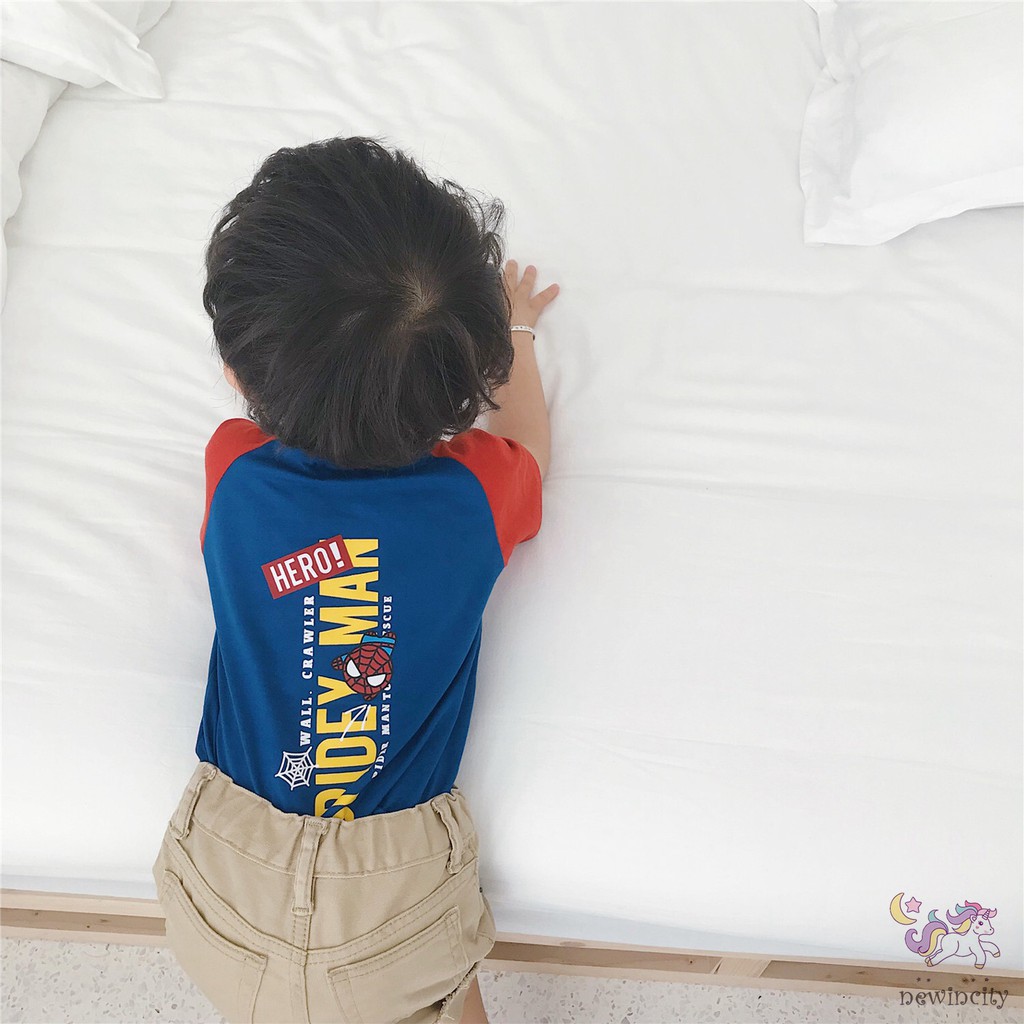 Áo thun cổ tròn ngắn tay in họa tiết hoạt hình dành cho bé trai và bé gái