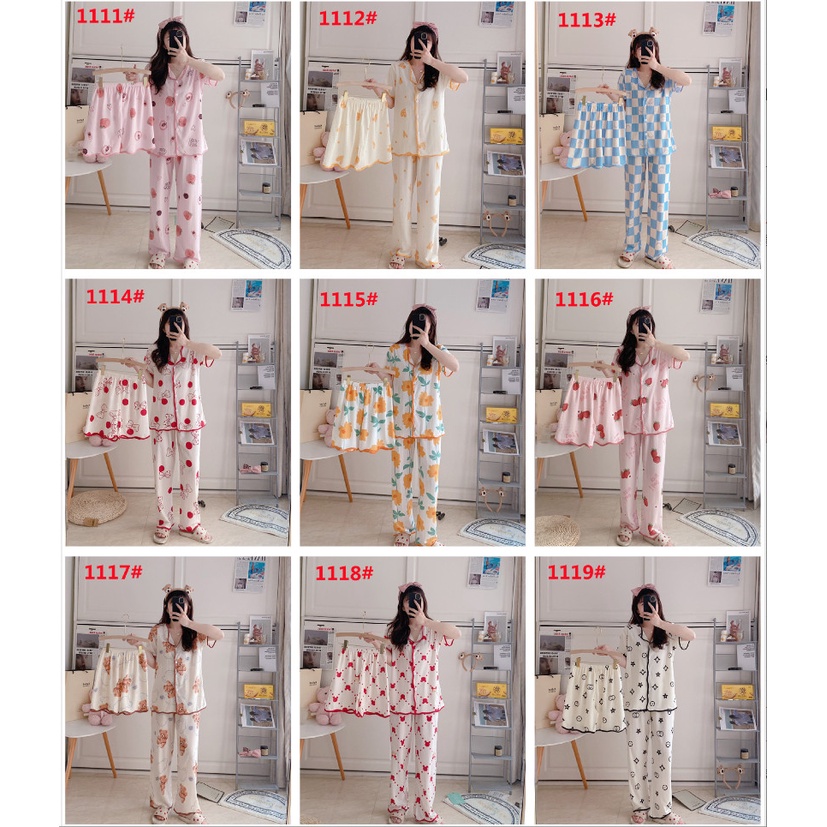 Set 3 món đồ bộ mặc ở nhà, đồ ngủ gồm quần dài , quần ngắnm pijama cổ thuyền cài nút dễ thương