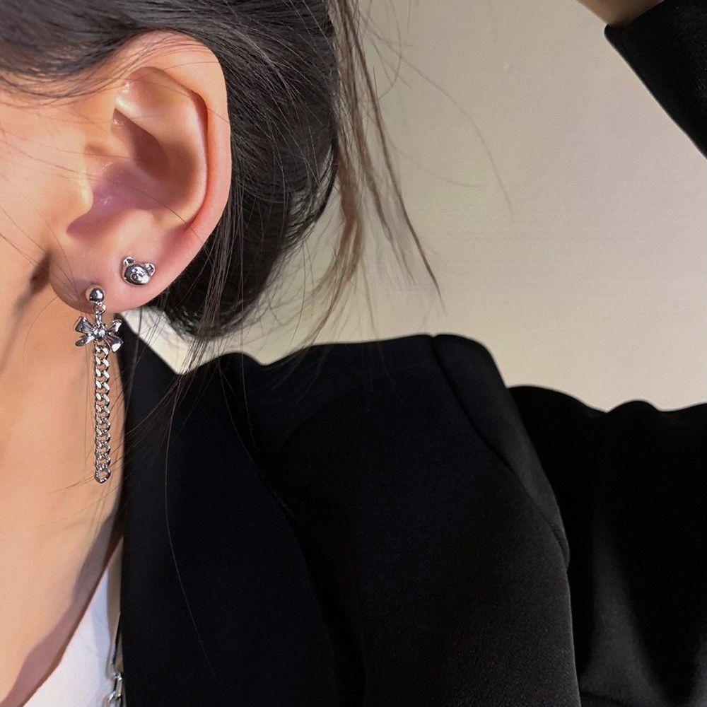 Set 4 Khuyên Tai Đeo Vành Tai Hình Nơ / Gấu Phong Cách Punk