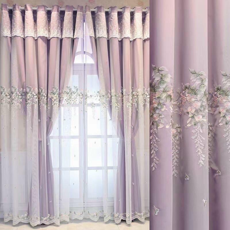 Vải rèm voan thêu hoa thiên lý, chân ren thêu sẵn