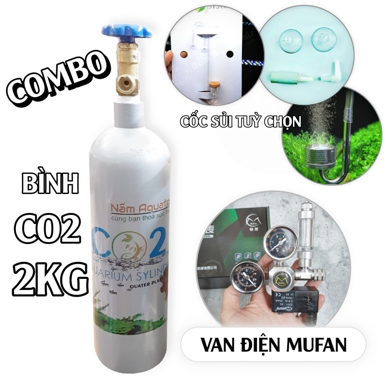 COMBO CO2 2KG VAN ĐIỆN | Bình 2kG Full Khí + VAN ĐIỆN Mufan + Cốc Sủi Tuỳ Chọn | Bộ CO2 Cho Hồ Thuỷ Sinh