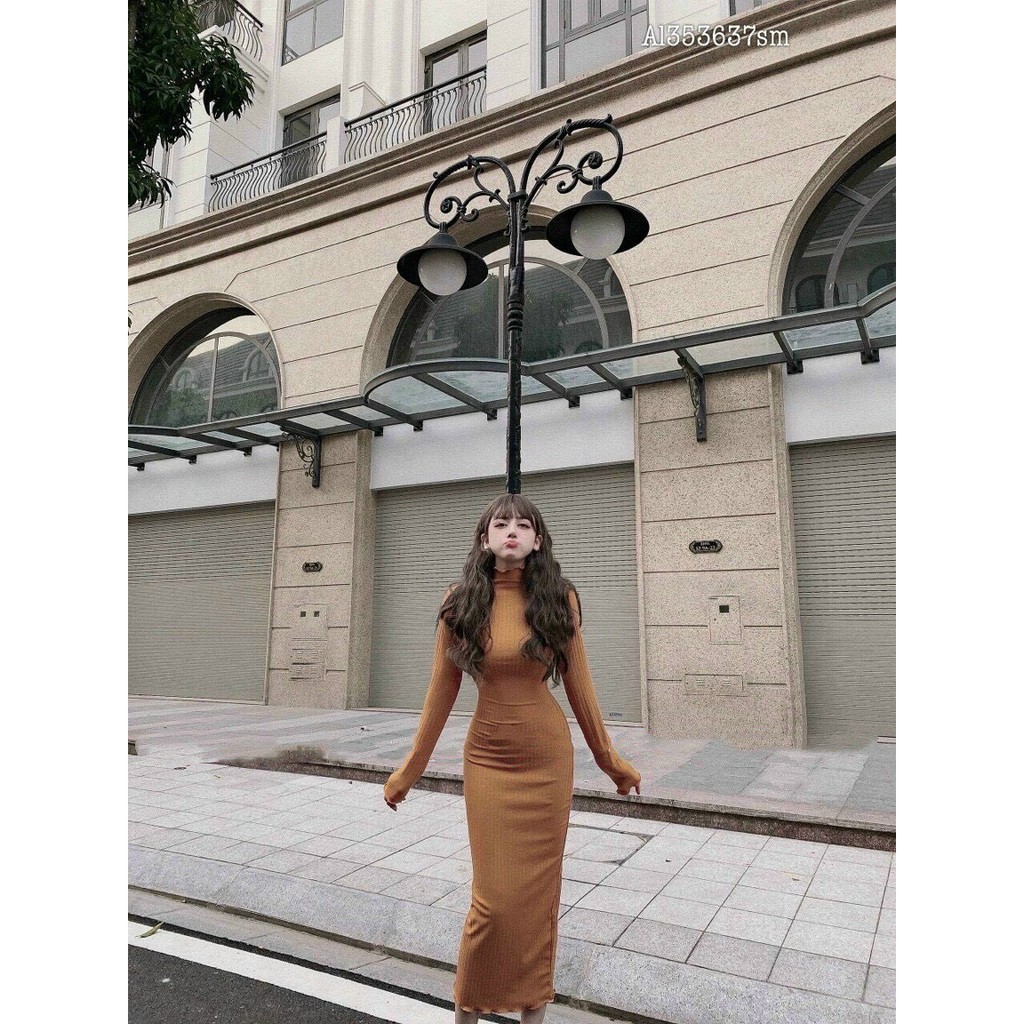 Đầm cổ lọ dáng dài ôm tay dài len gân mùa đông tết đến basic NU80