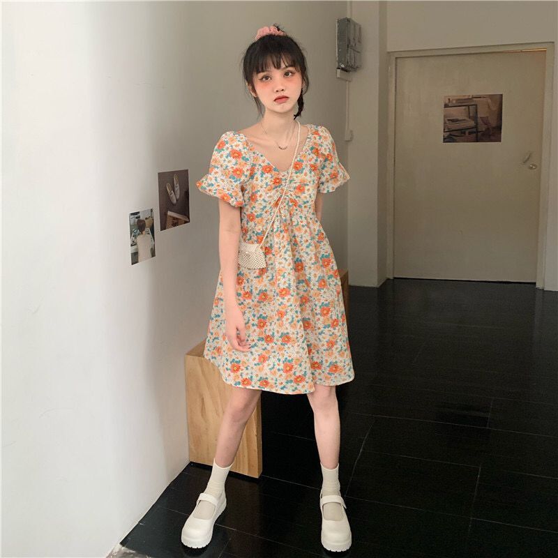 Đầm tay phồng cổ chữ V phong cách Pháp thanh lịch thời trang