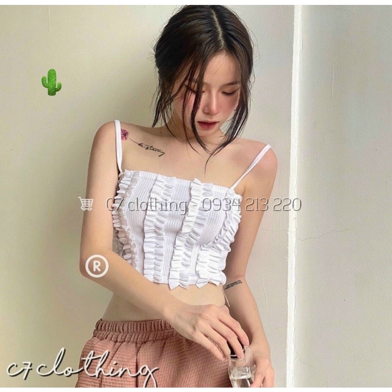 Áo 2 dây phối bèo tiểu thư chất gân co giãn, thời trang mùa hè