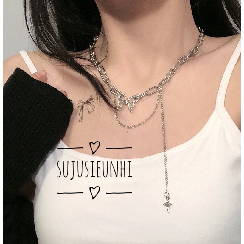 (2 mẫu)vòng cổ choker mặt tròn gắn bướm,chữ thập kèm chain